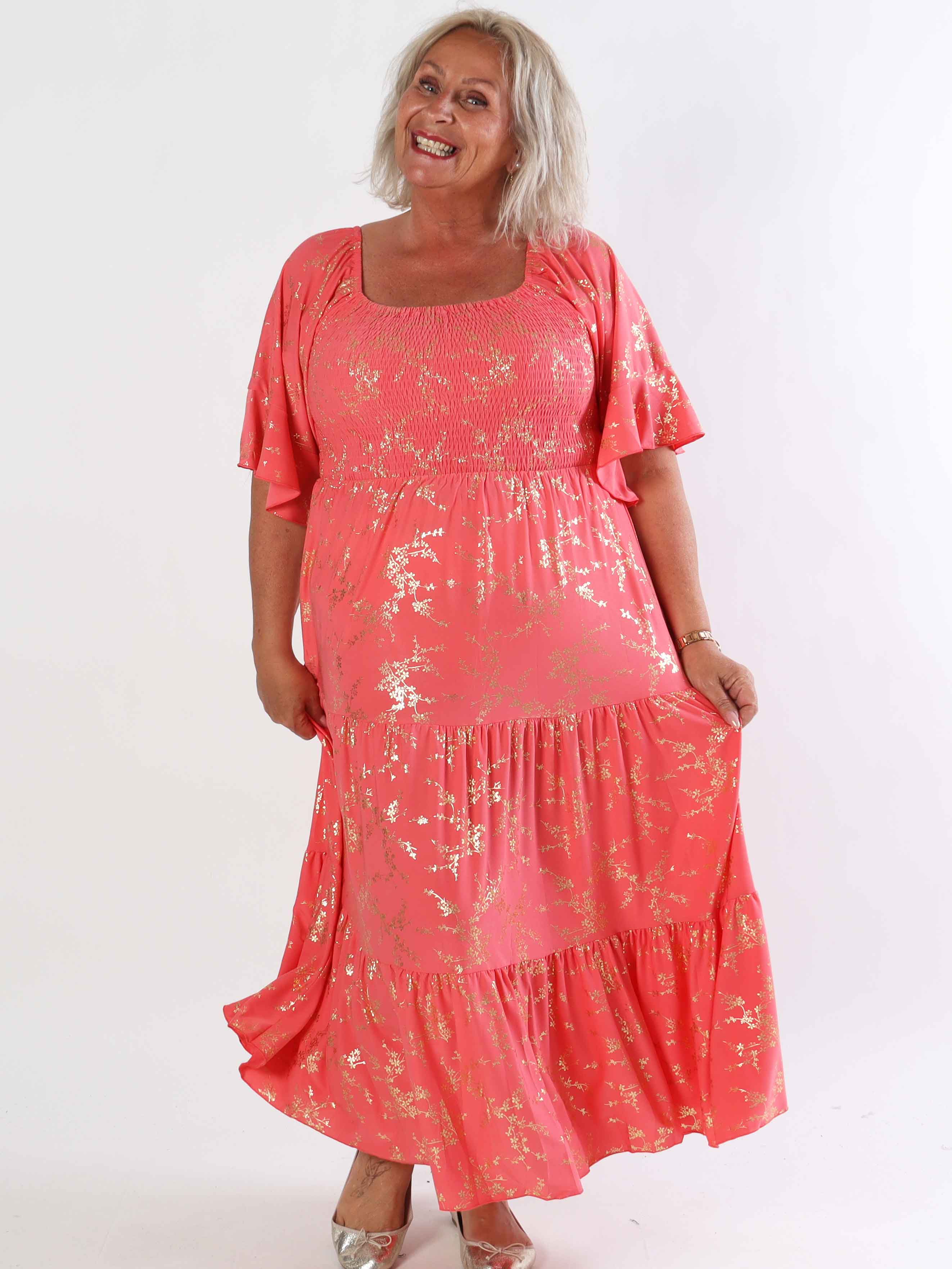 Elna Gold - Enfärgad plus size klänning med resår och guldmönster